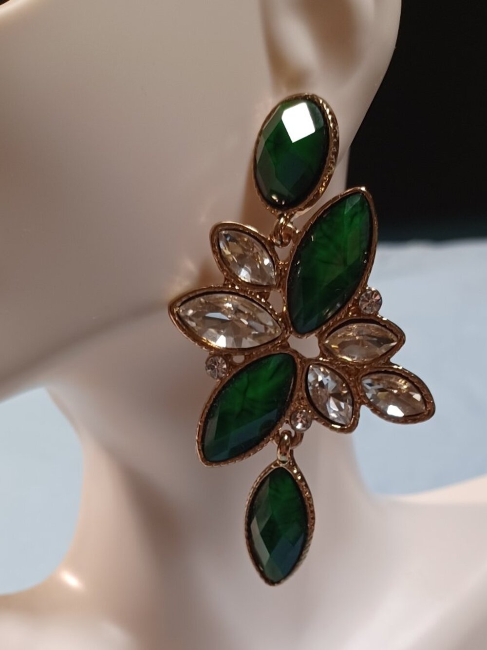 Huge Vintage Amrita Singh Signed Marbled Green Resin Crystal Earrings - full set